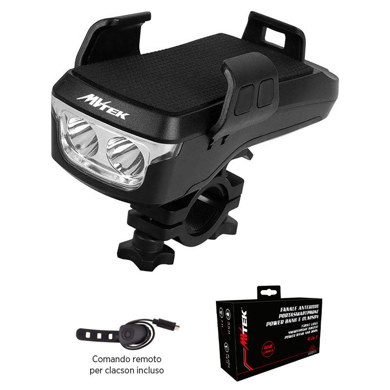 Przednia lampa LED z uchwytem na telefon, power bank, klakson 650LM USB Czarna