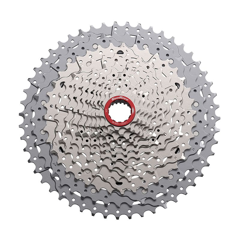 Cassette VTT 12V x 10/51 Dents Bague Rouge en Aluminium Argent
