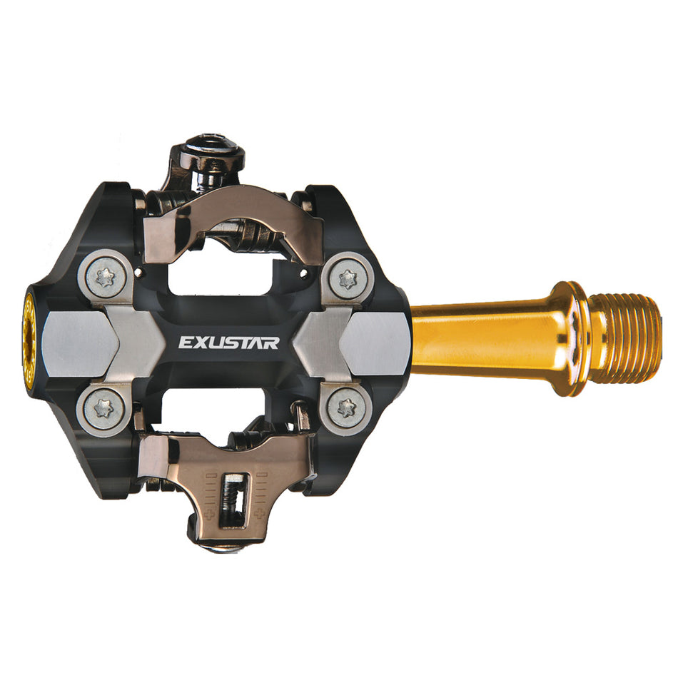 Pedały E-PM222 MTB aluminiowe czarno-złote - oś tytanowa 82x61mm