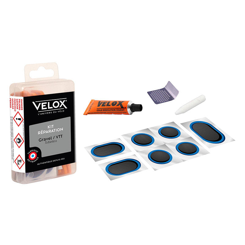 KIT Ripara Tubeless MTB: 1 Mastice +1 Raschietto +7 Pezze +1 Gessetto