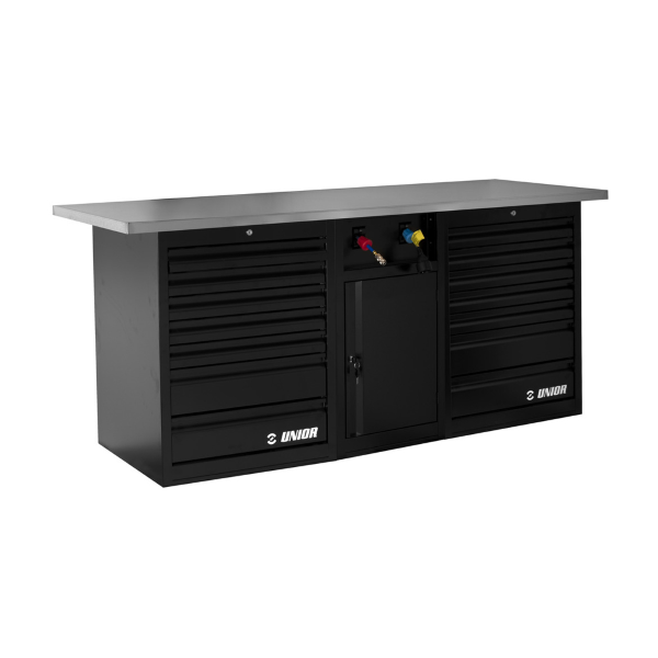 Unior - Pusty stół warsztatowy z przodu TECH BENCH 990TB3 z dwoma szufladami i podparciem zasilania bez oparcia i oświetlenia - 2 m