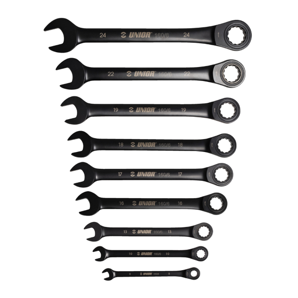Unior - Satz 9 Ratschen-Kombischlüssel 160/6CB - 8-24 mm, schwarz