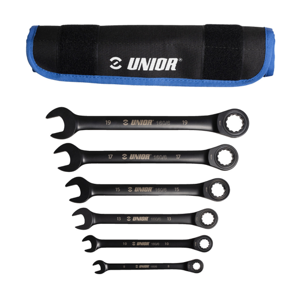 Unior - Satz 6 Ratschen-Kombischlüssel 160/6CT mit Tasche - 8-19 mm, schwarz